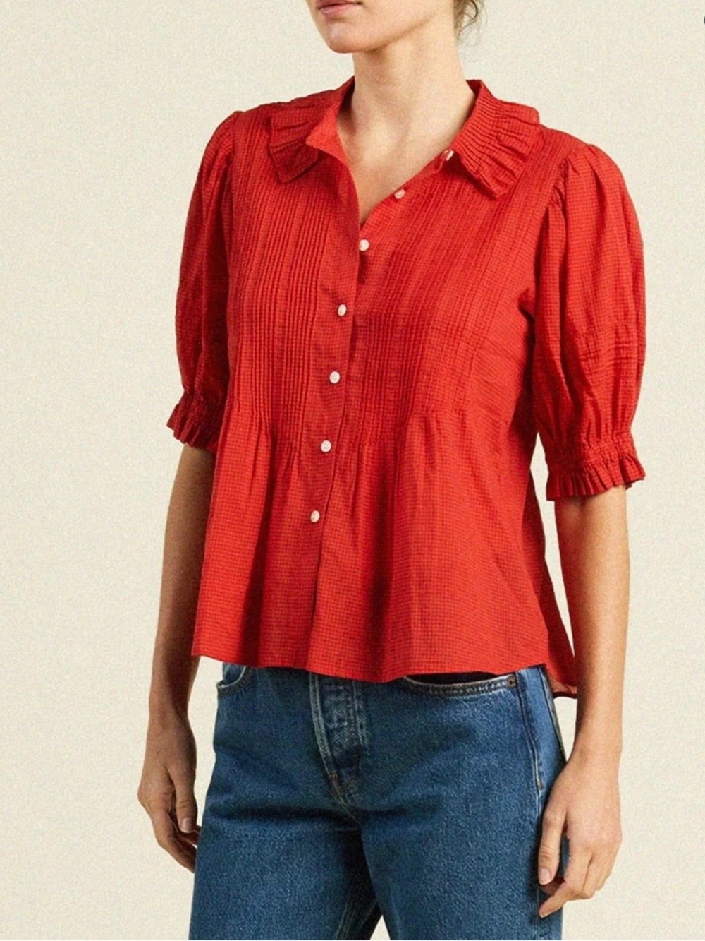 Birds of Paradise Trovata Jess Red Check Button-Front Puff Sleeve Top, XS
